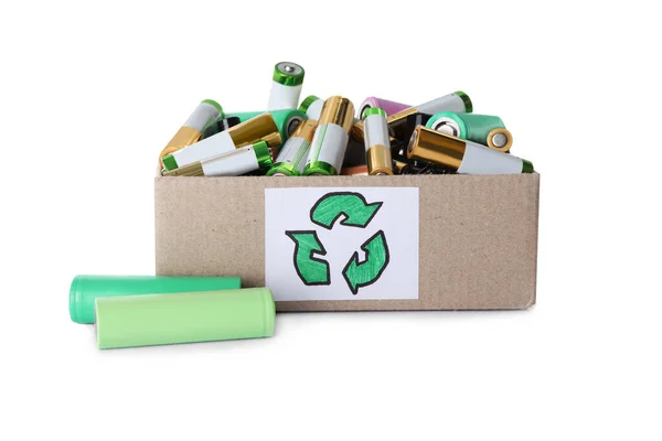 Used Electric Batteries Cardboard Box Recycling Symbol White Background — Stockfoto