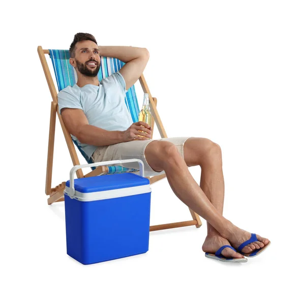 Happy Man Bottle Beer Resting Deck Chair Cool Box White — Foto Stock