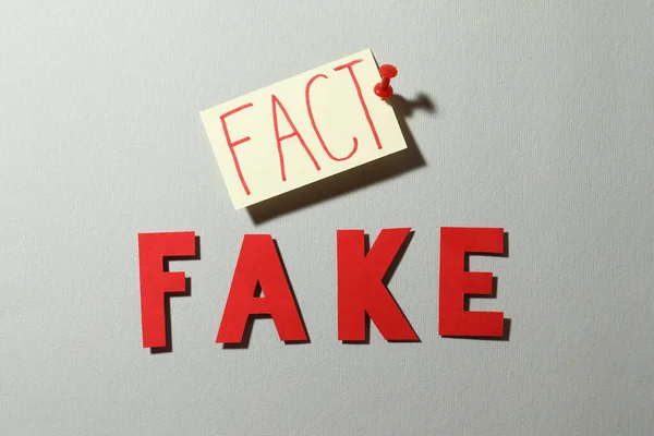 Words Fake Fact Grey Background Flat Lay — Fotografia de Stock