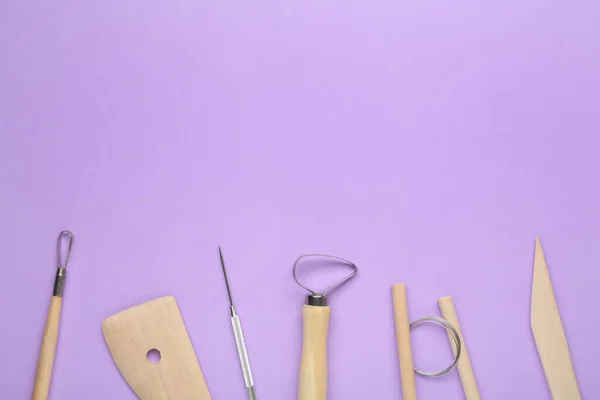 Set Clay Modeling Tools Violet Background Flat Lay Space Text — Stockfoto