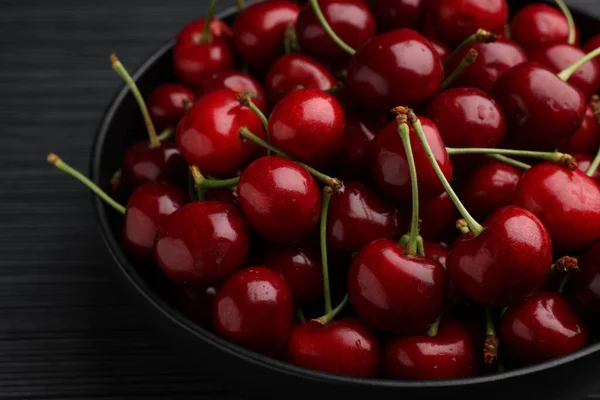 Bowl Ripe Sweet Cherries Dark Wooden Table Closeup — Foto de Stock