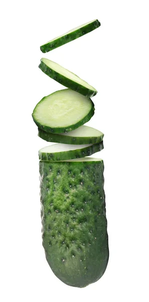 Cut Fresh Ripe Cucumber White Background Vertical Banner Design Stock Photo