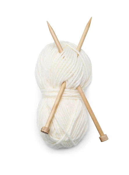 Soft Woolen Yarn Knitting Needles White Background Top View — Stock Photo, Image