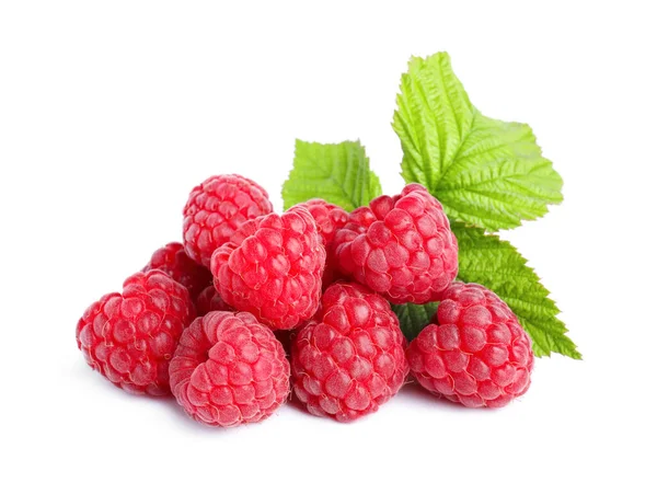 Fresh Red Ripe Raspberries Green Leaves Isolated White —  Fotos de Stock