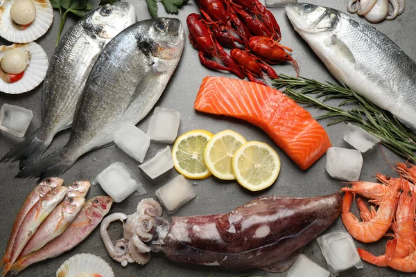 Čerstvé Ryby Mořské Plody Šedém Stole Plochý Ležel — Stock fotografie