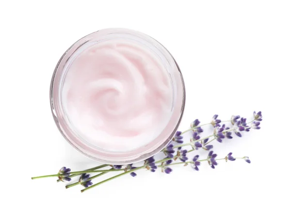 Jar Hand Cream Lavender White Background Top View — Foto de Stock