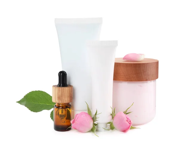 Different Hand Care Cosmetic Products Roses White Background — Foto de Stock