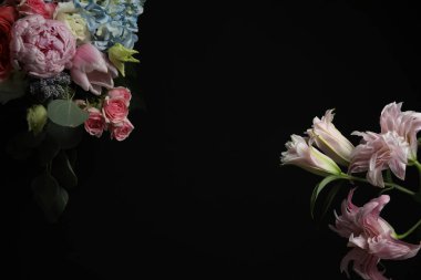Beautiful fresh flowers on dark background, space for text