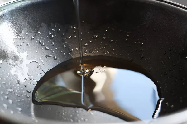 Pouring Fresh Oil Frying Pan Closeup View — Foto Stock