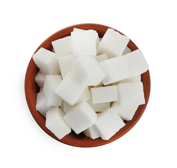 Bowl Cubes Refined Sugar Isolated White Top View — Fotografia de Stock