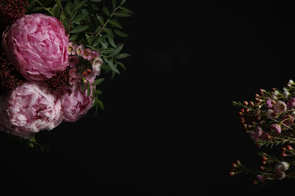 Beautiful fresh flowers on black background, space for text