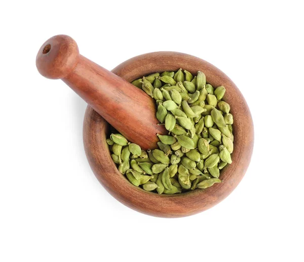 Wooden Mortar Dry Cardamom Seeds Isolated White Top View — Stockfoto