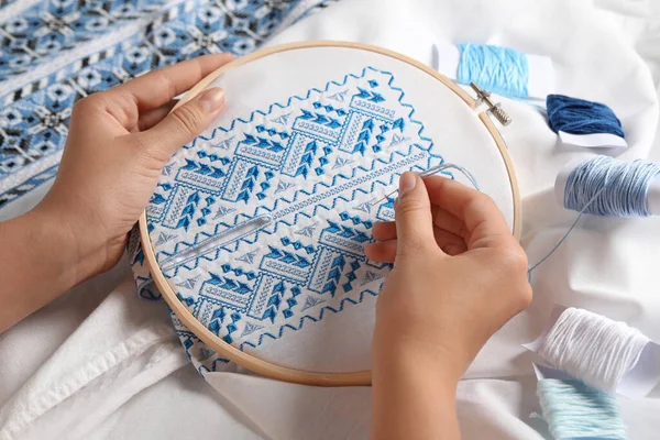 Woman Embroidering Shirt Blue Thread Closeup Ukrainian National Clothes — Fotografia de Stock