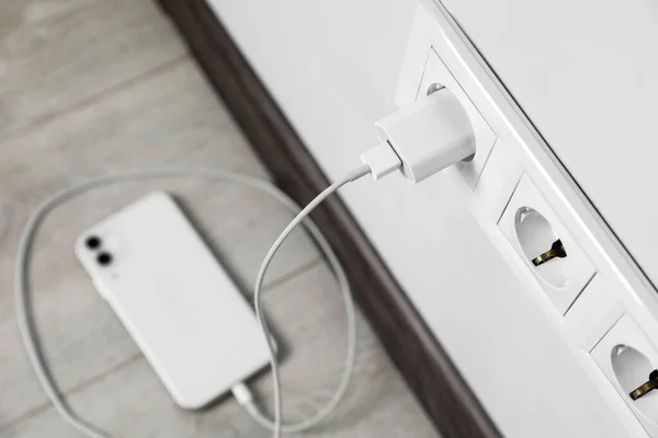 Modern Smartphone Charging Electric Socket Indoors View — Stok fotoğraf