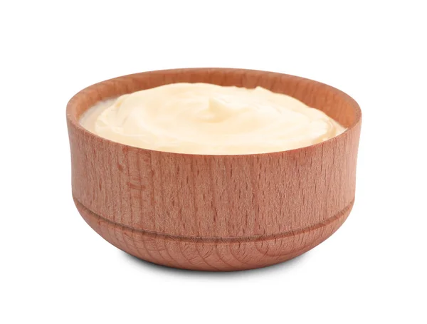 Tasty Mayonnaise Wooden Bowl Isolated White — Stock fotografie