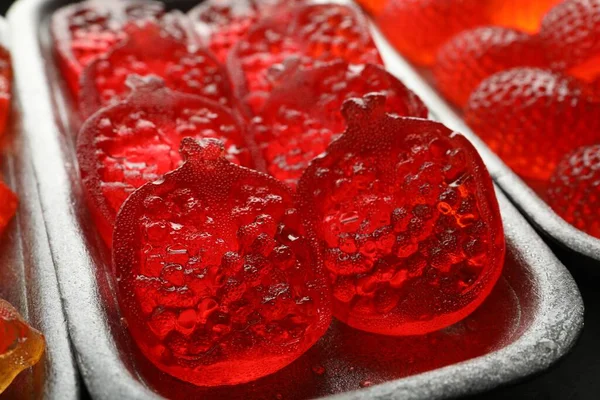 Delicious Gummy Pomegranate Candies Container Closeup — Stockfoto