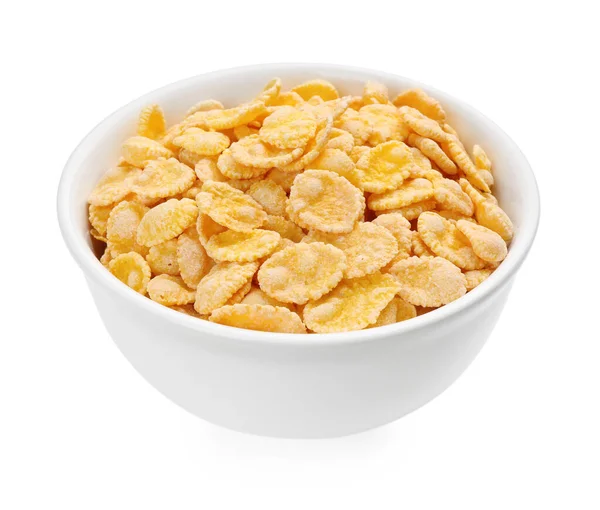 Schüssel Mit Leckeren Cornflakes Isoliert Auf Weiß — Stockfoto