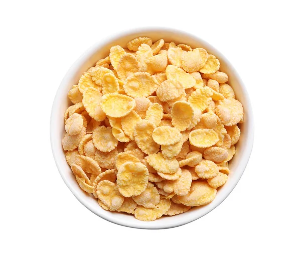 Bowl Tasty Crispy Corn Flakes Isolated White Top View — Stock Photo, Image