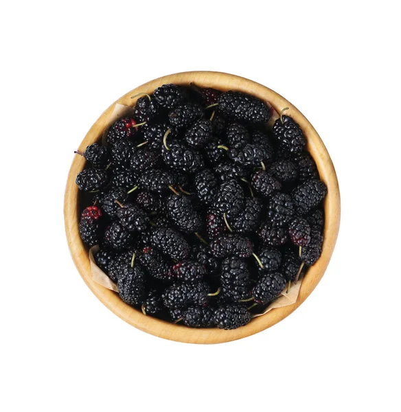 Bowl Delicious Ripe Black Mulberries Isolated White Top View — 图库照片
