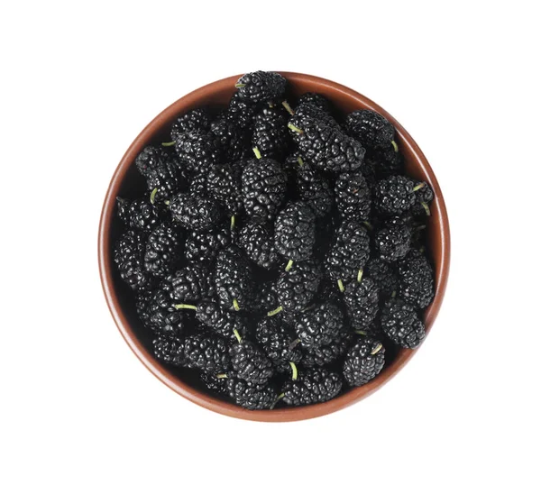 Delicious Ripe Black Mulberries Bowl White Background Top View — Foto de Stock