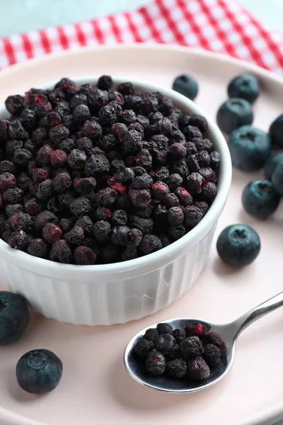 Freeze Dried Fresh Blueberries Table Closeup — Stockfoto