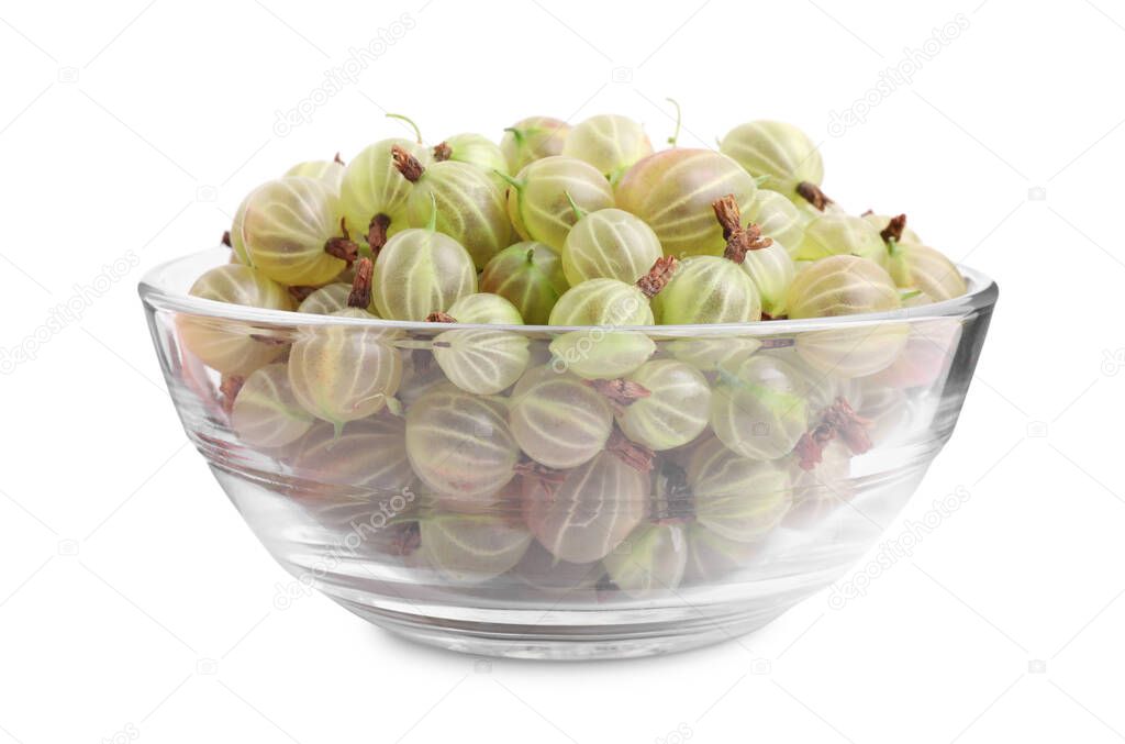 Glass bowl full of ripe gooseberries isolated on white