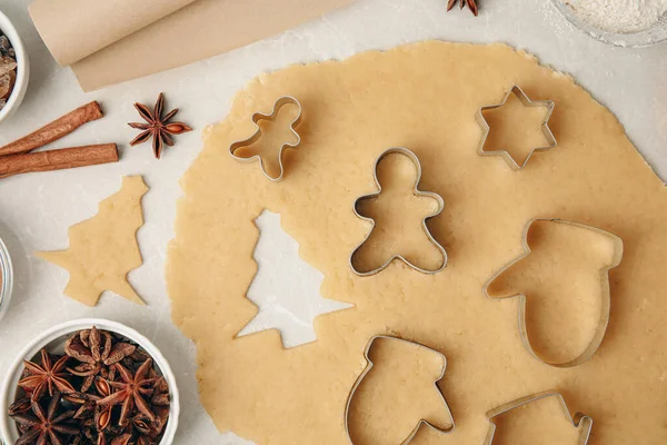 Flat Lay Composition Dough Cookie Cutters Light Table Christmas Biscuits — 图库照片