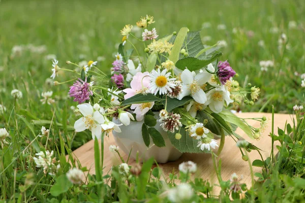 Ceramic Mortar Different Wildflowers Herbs Wooden Board Meadow — Photo