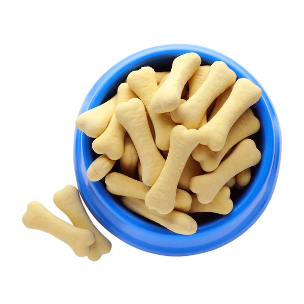 Bone Shaped Dog Cookies Feeding Bowl White Background Top View — Stockfoto