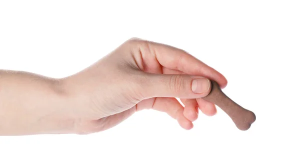 Woman Holding Bone Shaped Dog Cookie White Background Closeup — Stock Photo, Image