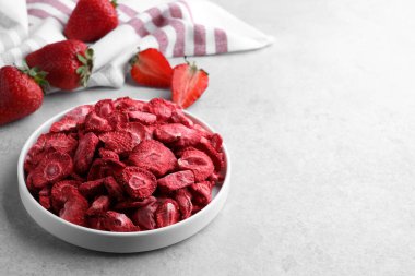 Freeze dried and fresh strawberries on light grey table. Space for text