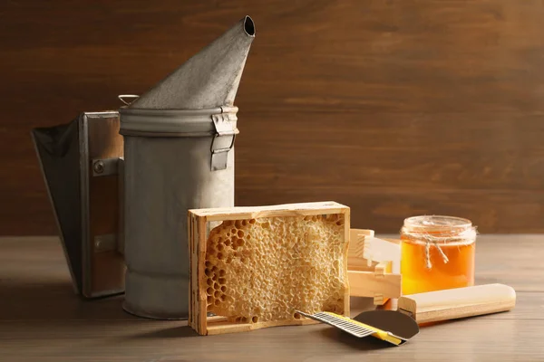 Composition Honeycomb Beekeeping Tools Wooden Table — Fotografia de Stock