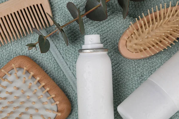 Dry Shampoo Sprays Hairbrushes Eucalyptus Branch Towel Flat Lay — Fotografia de Stock
