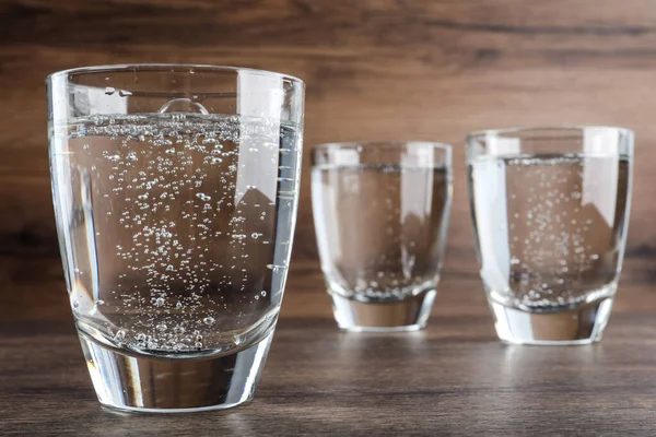 Glasses Soda Water Wooden Table Closeup — 스톡 사진