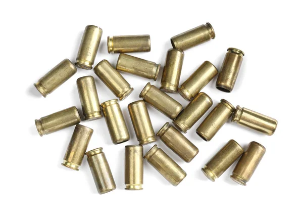 Cartridge Cases Isolated White Top View Firearm Ammunition — Φωτογραφία Αρχείου