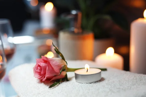 Rose Burning Candle Towel Closeup Romantic Bath — Φωτογραφία Αρχείου
