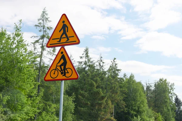 Signpost Pedestrian Crossing Ahead Cycle Route Outdoors Sunny Day — Stockfoto