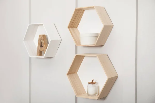 Honeycomb Shaped Shelves Decorative Elements White Wall — Stok fotoğraf