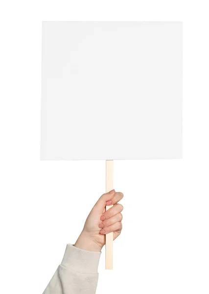 Woman Holding Blank Protest Sign White Background Closeup — Fotografia de Stock