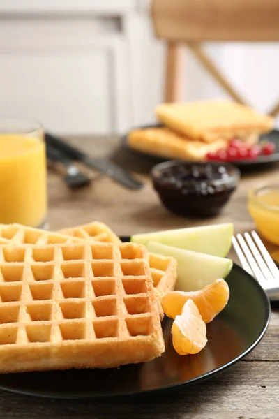 Waffles Fruits Served Wooden Table Delicious Breakfast — Stock Photo, Image
