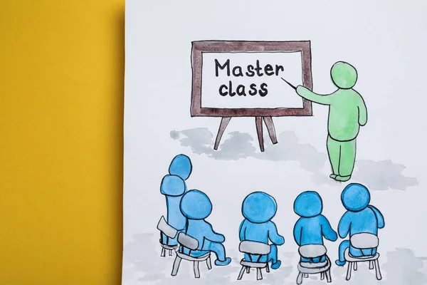 Drawing Teacher Students Words Master Class Yellow Background Top View — Stockfoto