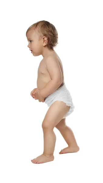 Cute Baby Diaper Learning Walk White Background — Stockfoto