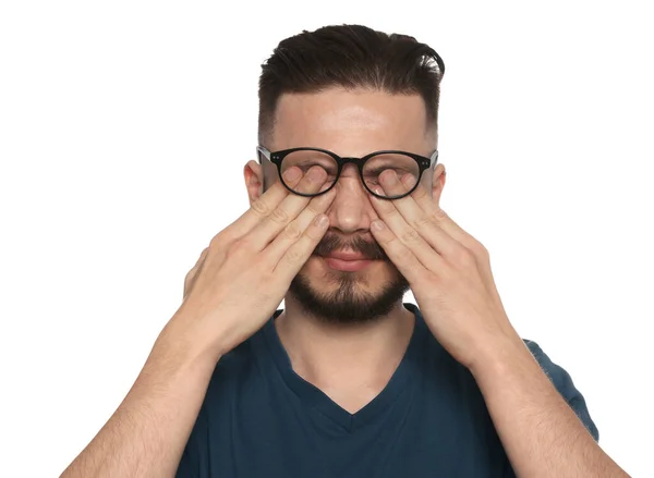Young Man Suffering Eyestrain White Background — 스톡 사진