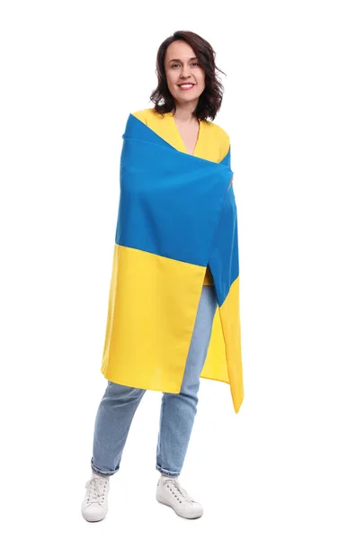 Szczęśliwa Kobieta Flagą Ukrainy Białym Tle — Zdjęcie stockowe