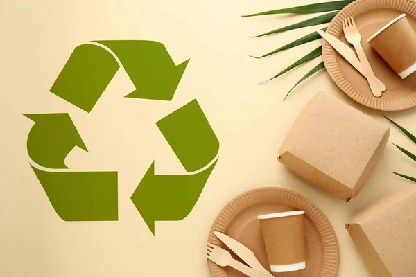 Flat Lay Composition Eco Friendly Products Recycling Symbol Beige Background — Fotografia de Stock