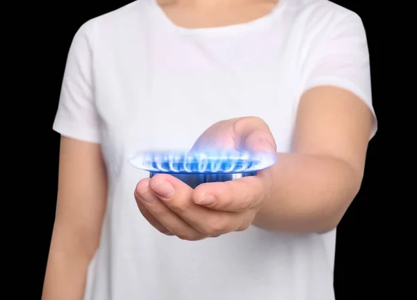 Closeup View Woman Holding Gas Burner Blue Flame Black Background — Stockfoto