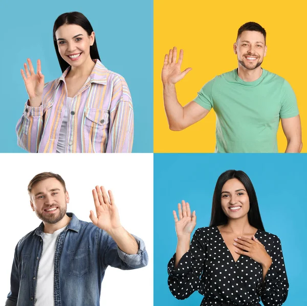 Collage Photos Cheerful People Showing Hello Gesture Different Color Backgrounds — Stockfoto