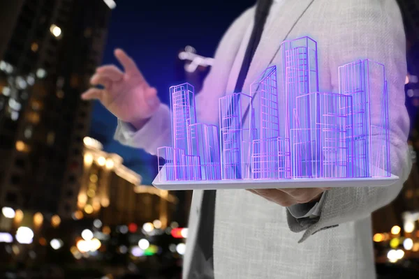 Man Holding Tablet Virtual Image Buildings Blurred View Night Cityscape — Foto de Stock