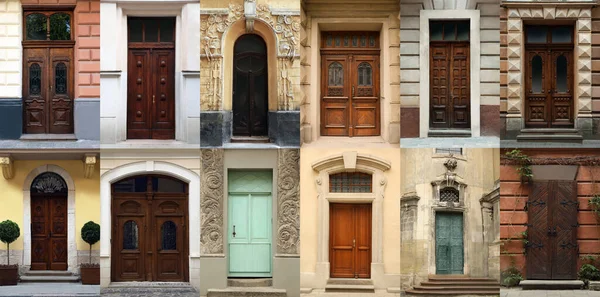Collage Photos Old Buildings Elegant Wooden Doors Banner Design — Foto de Stock