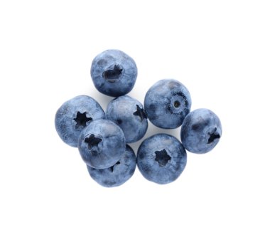 Pile of tasty fresh ripe blueberries on white background, top view